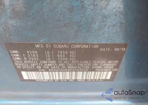 2019 Subaru Impreza 2.0I Limited z USA, uszkodzony, nr VIN 4S3GTAU64K3709025